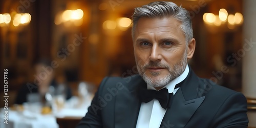 Elegant mature man in tuxedo at a luxury restaurant.