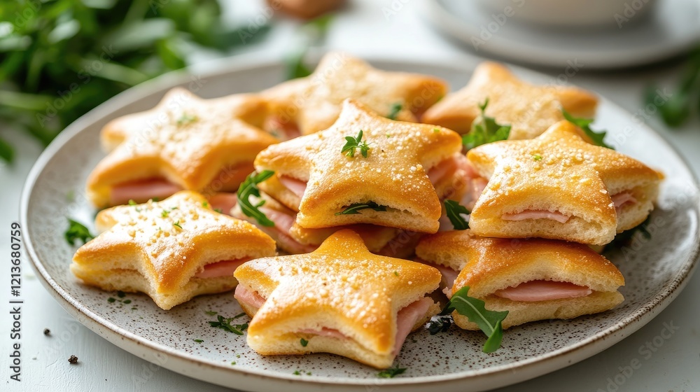 Star shaped sandwiches with ham and arugula filling a plate Star shaped sandwiches with ham and arugula filling a plate