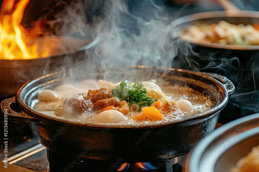 Steaming Hot Pot of Asian Cuisine Delicious Broth with Meat Vegetables and Eggs Steaming Hot Pot of Asian Cuisine Delicious Broth with Meat Vegetables and Eggs