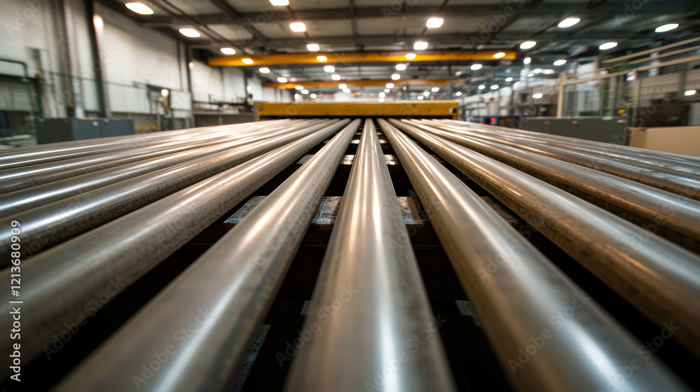 Fototapeta premium Low angle shot of conveyor belt rollers gliding smoothly in factory