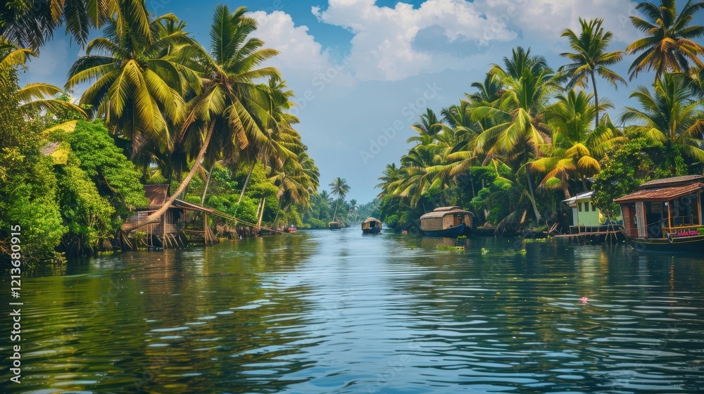 Serene Panoramic View of Backwaters in Kerala, India Serene Panoramic View of Backwaters in Kerala, India