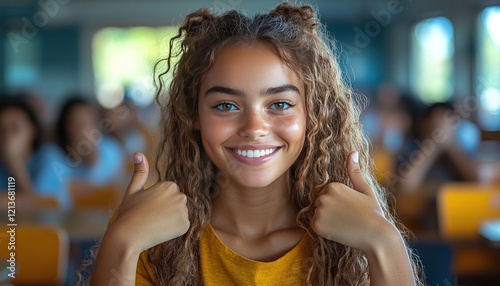 Happy student gives thumbs up in busy classroom