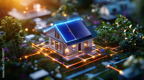 modern house with solar panels, surrounded by greenery and illuminated pathways, showcasing sustainable design and energy efficiency