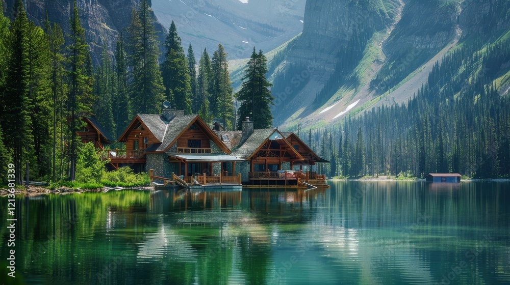 Fototapeta premium Serene Lakeside Retreat Nestled Among Towering Mountains and Pines