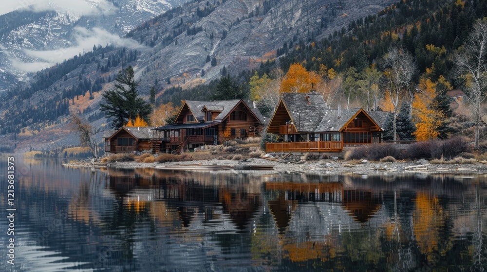 Fototapeta premium Serene Lakeside Retreat Surrounded by Towering Mountains and Trees