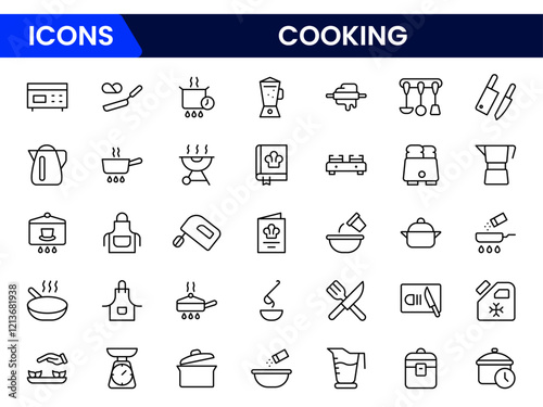 Cooking Icons vector illustration with thin line contains recipe, chef, ingredients, pan, oven, utensils, olive oil, cook, barbecue, eat, restaurant, flour, milk, butter, pour, pot 