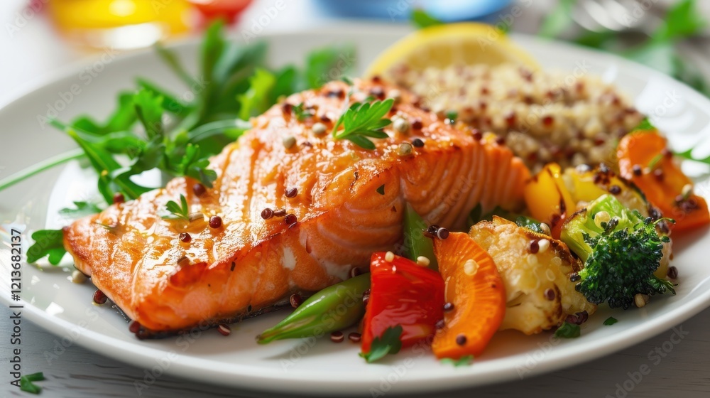 Grilled Salmon Plate with Steamed Vegetables and Quinoa Garnish Grilled Salmon Plate with Steamed Vegetables and Quinoa Garnish