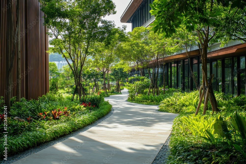 Fototapeta premium Pathway through lush greenery in an urban garden surrounded by modern architecture in bright sunlight