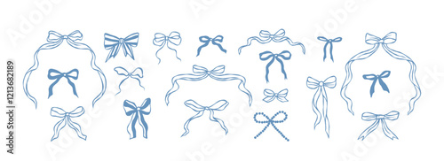 Hand drawn blue bows collection. Whimsical illustration	