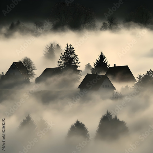 A small village surrounded by thick fog with faint silhouettes of trees and houses barely visible in the haze ultra HD photo