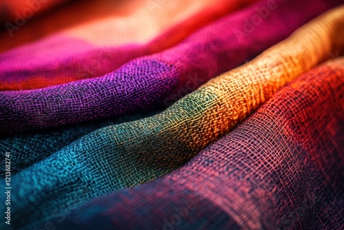 Colorful textile drapes, vibrant hues, close-up, studio shot, fabric design