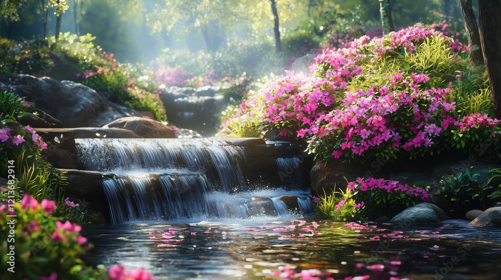 Naklejka premium Bubbling Brook Surrounded by Vibrant Spring Flowers