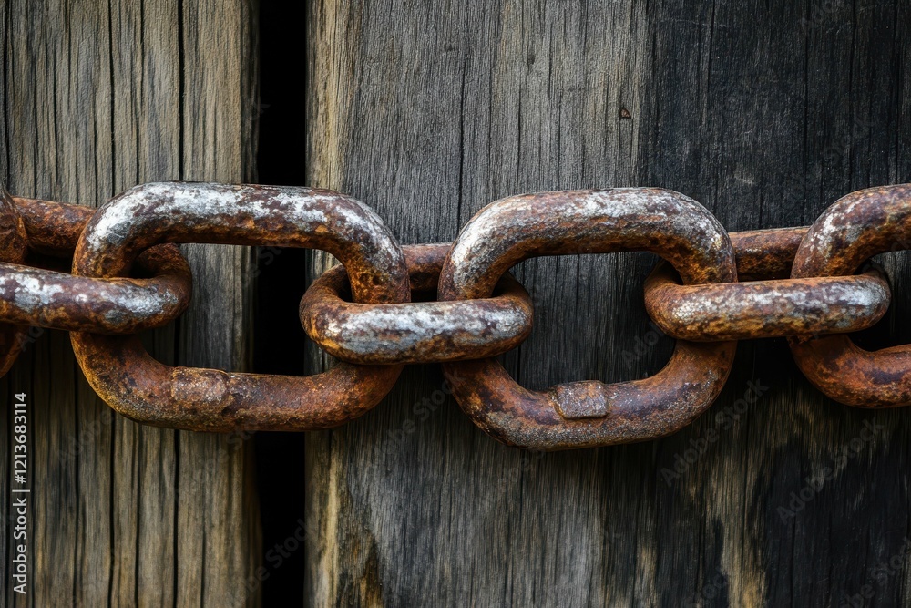 Rusty chain link locks wooden door in rural setting during daylight Rusty chain link locks wooden door in rural setting during daylight