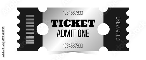 Silver ticket, admit one template. Cinema, theater, casino, concert, opera, ballet, performance chrome design. Vector illustration on white background