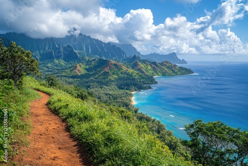 Hiking trail overlooking na pali coast state wilderness park in kauai, hawaii photo