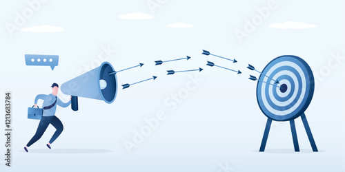 Businessman marketer talk on megaphone and hit target bullseye. Marketing management, public relations. Manager run with loudspeaker and make announcements,