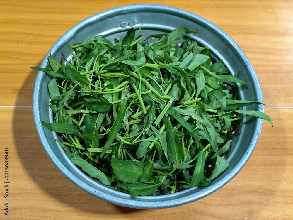 Cleaned water spinach. Delicious green vegetable. Cleaned water spinach. Delicious green vegetable.
