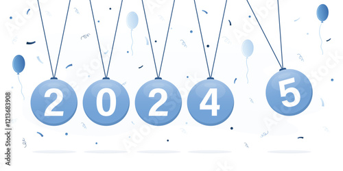 Happy New Year 2025. Impact pendulum. Balancing balls Newton's cradle with 2025 new year text. Holiday concept. Horizontal banner.