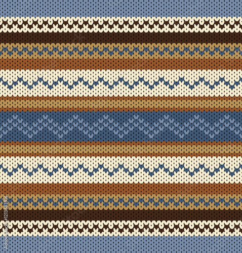 Warming color knitting seamless pattern. With brown, mustard and blue color tone. Knitted style pattern for textile printing and embroidery handicraft. 