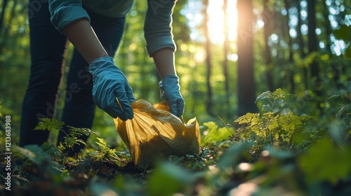 Fototapeta Naklejka Na Ścianę i Meble -  Volunteer picking up trash in forest wearing gloves at sunset