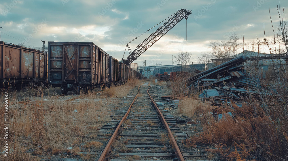 Fototapeta premium Abandoned Industrial Train Yard with Rusted Freight Cars Under Cloudy Sky