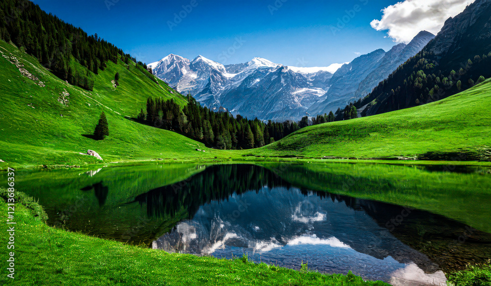 Fototapeta premium Pristine Natural Beauty of Snow-Capped Peaks, Dense Forests, and Reflective Alpine Waters