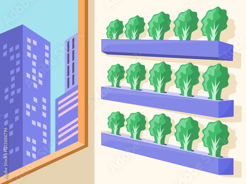Urban gardening hydroponic indoor building flat illustration