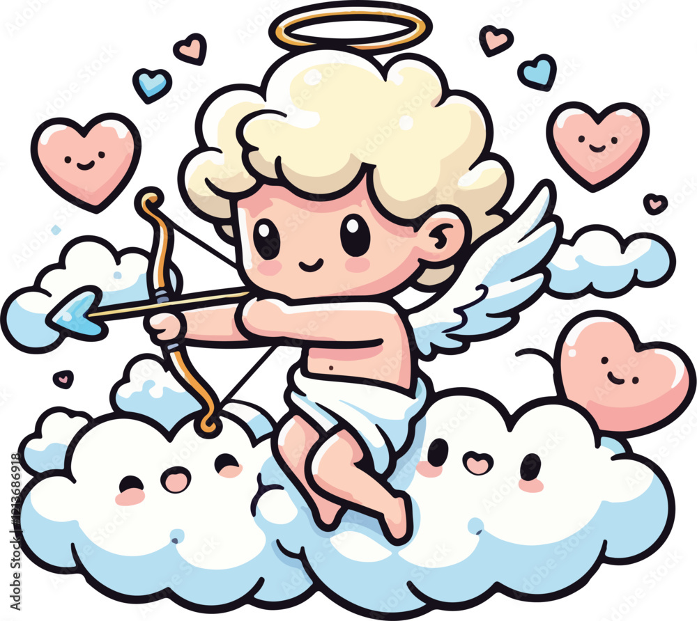 Cute cupid holding a bow and arrow, with clouds and heart. Happy Valentine's Day. Cute cupid holding a bow and arrow, with clouds and heart. Happy Valentine's Day.