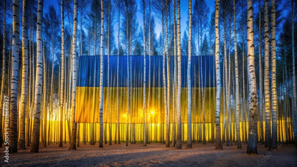 Long Exposure Birch Tree Ukrainian Flag Photography, Patriotism, Nature, Symbol, Ukraine, Flag, Birch, Wood, Trunk,  National Pride,  Long 