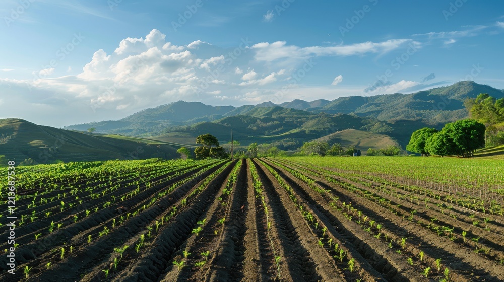 Serene Landscape Features Rows of Young Plants Under Bright Sky Serene Landscape Features Rows of Young Plants Under Bright Sky
