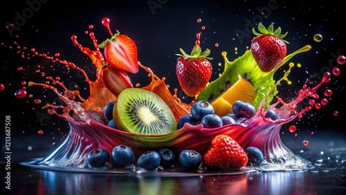 Long Exposure Fruit Splash Photography: Kiwi, Strawberry, Blueberry Burst - Vibrant Juice Photo
