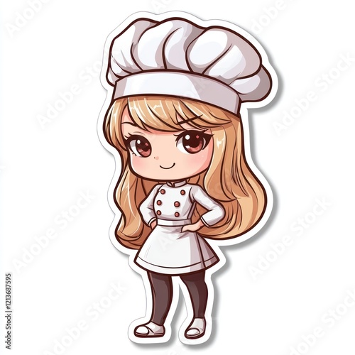 Cute chef girl cartoon, standing pose, food illustration, sticker design photo