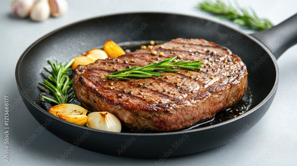 Sizzling steak cooking in skillet kitchen food photography modern setting top view culinary delight Sizzling steak cooking in skillet kitchen food photography modern setting top view culinary delight