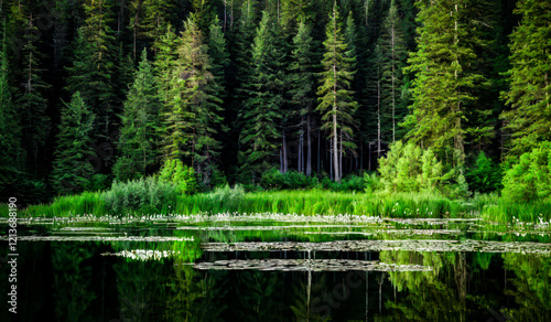 Serene Landscape of a Reflective Forest Pond with Lily Pads and Blossoming Flowers