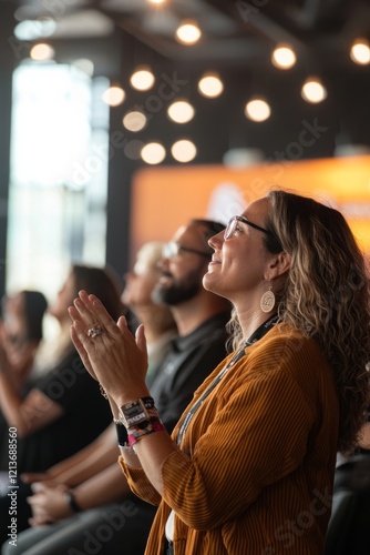 A diverse audience applauding the presentation of an award to an employee. The stage is decor, Generative AI