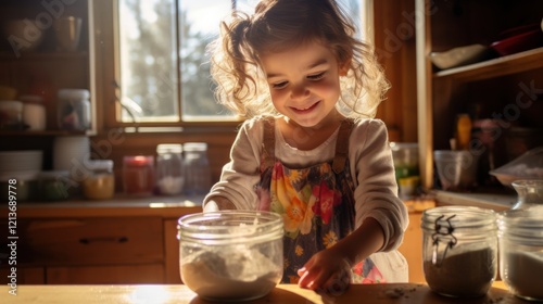 little girl baking in sunny kitchen photo