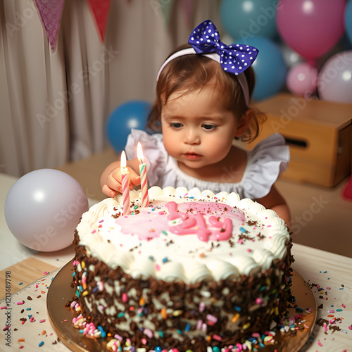 Little girl's birthday, smeared into cake, first cake celebration photo