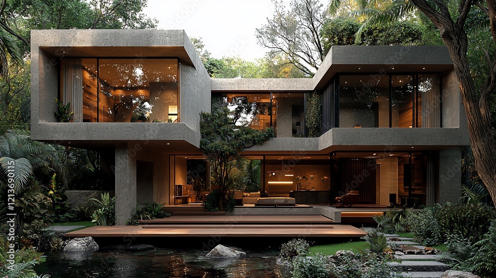 Modern concrete house nestled in lush forest. Modern concrete house nestled in lush forest.