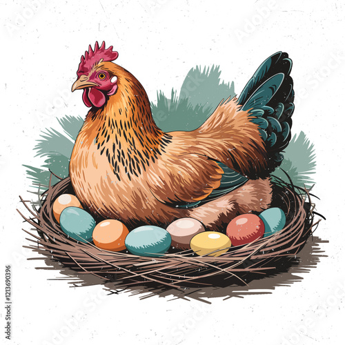 Hen on the Nest with Colorful Eggs