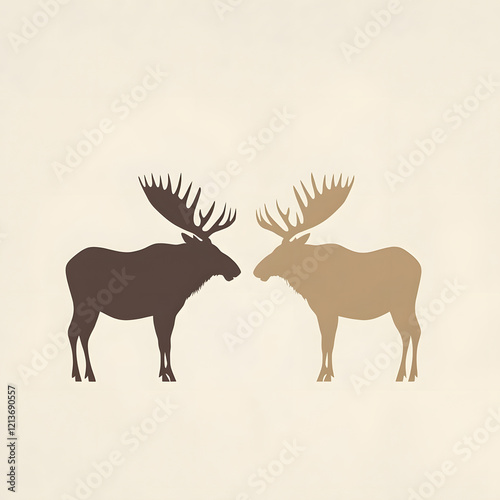 Minimal design of two connected moose silhouettes with antlers, showcasing harmonious connection. This artwork evokes sense of nature and tranquility photo