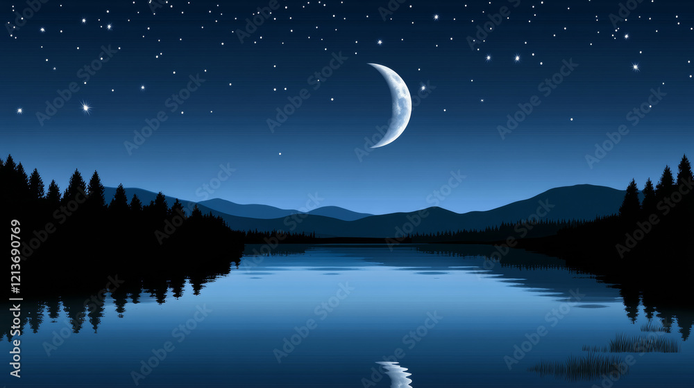 Fototapeta premium Night sky with crescent moon over calm lake reflection