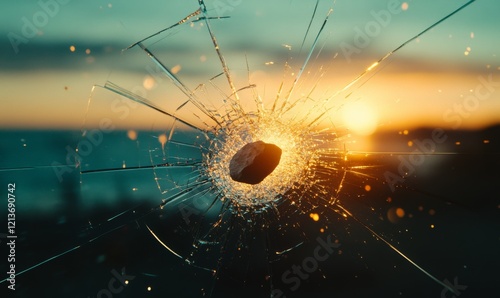 A cinematic depiction of a glass window breaking, captured just as a rock hits the surface. Tiny cracks spiderweb out before the pieces burst apart. photo