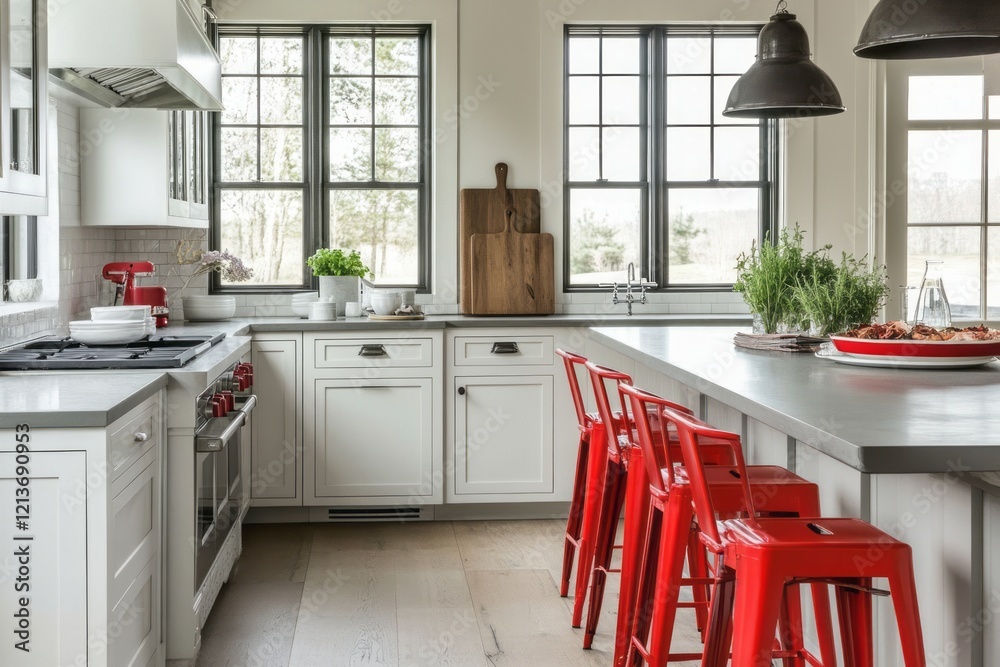 Fototapeta premium Bright Kitchen With Island And Red Stools
