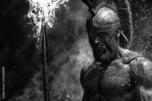 The image depicts a helmeted warrior holding a flaming spear, standing in a dramatic pose with smoke and water droplets in the background photo