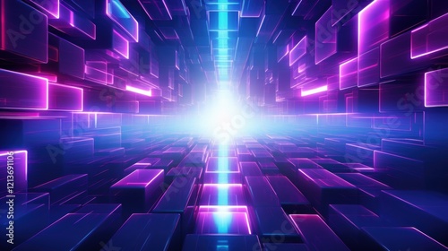 neon purple and blue glowing cubes abstract tunnel