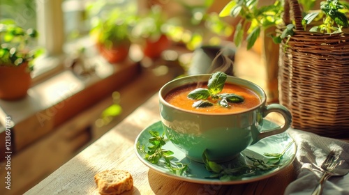 Cozy Morning with Herbal Tea in Sunlit Kitchen photo