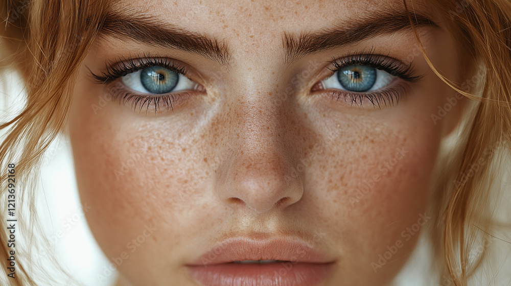 Fototapeta premium Freckled model's face in close-up with natural makeup