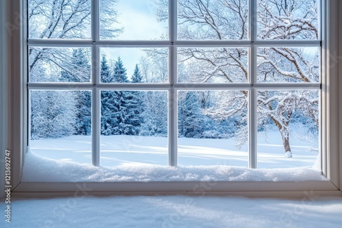 Winter landscape view through a snow-covered window with frosty trees and peaceful scenery outside