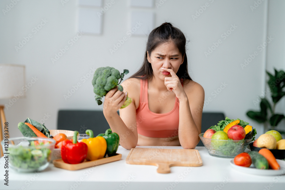 Young woman pinching her nose with disgust while holding broccoli, surrounded by fresh vegetables and fruits on a kitchen table Young woman pinching her nose with disgust while holding broccoli, surrounded by fresh vegetables and fruits on a kitchen table