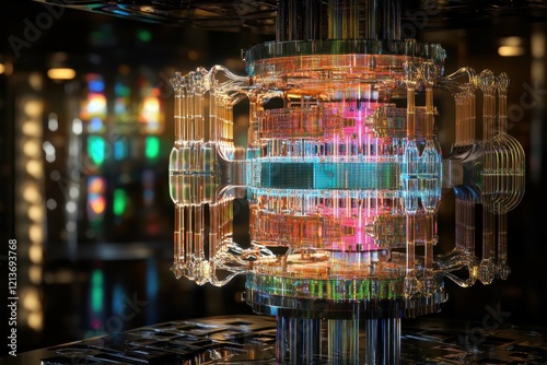 Advanced quantum computer showcasing intricate design and vibrant colors in a modern laboratory setting photo